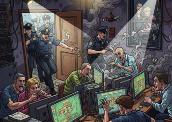 Ilustasi polisi menggerebek markas judi online.(simantab/ai)