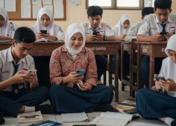 Ilustrasi guru dan siswa SMP asyik bermain handphone.(simantab/ist)