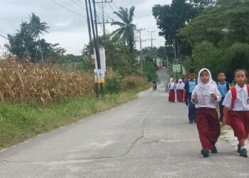 Potret anak didik Simalungun, berjalan bersama saat pulang sekolah.(simantab/putra purba)