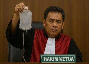 Ketua Majelis Hakim membawa contoh kantung darah.(Simantab/ai)