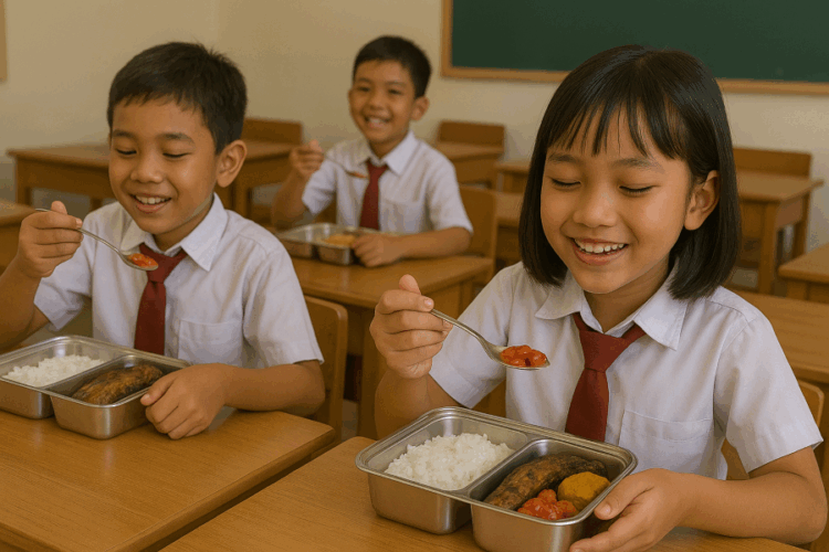 Ilustrasi siswa menikmati MBG dengan sambal tomat di Simalungun.(Simantab/Putra Purba)