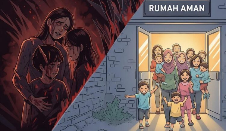 Ilustrasi kekerasan terhadap perempuan dan anak, serta Rumah Aman sebagai salah satu solusi untuk mengatasinya.(Simantab/ai)