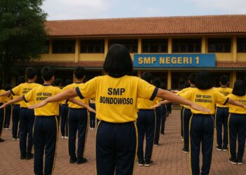 Barisan pelajar SMP Negeri 1 di Bondowoso ini terlihat indah didukung semuanya menggunakan seragam olahraga.(Simantab/ist)