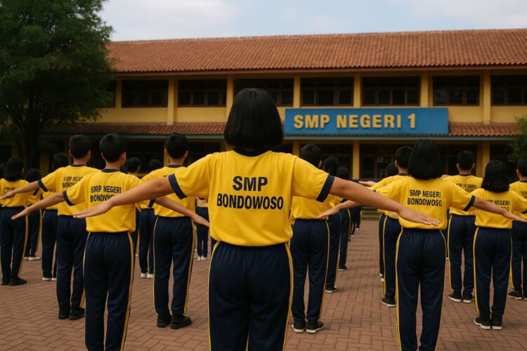 Barisan pelajar SMP Negeri 1 di Bondowoso ini terlihat indah didukung semuanya menggunakan seragam olahraga.(Simantab/ist)