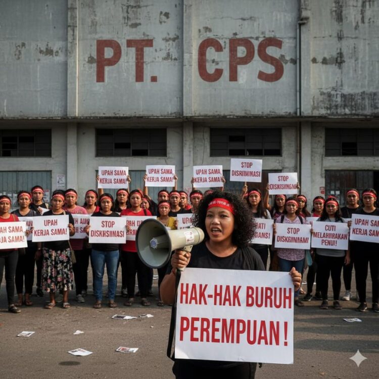 Ilustrasi Marsinah saat melakukan unjuk rasa perjuangkan hak uruh perempuan.(Simantab/ai)