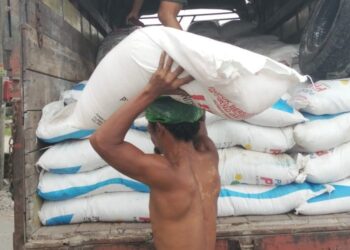 Para pekerja membongkar pupuk bersubsidi dari truk pengangkut untuk didistribusikan ke gudang pengecer di Nagori Sejahtera, Kecamatan Siantar, Kabupaten Simalungun.(Simantab/Putra Purba)