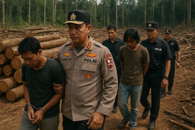 Ilustrasi polisi  mengamankan sejumlah tersangka pembalakan liar.(Simantab/ai)