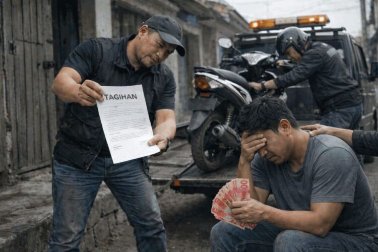 Ilustrasi aksi debt collector mengangkut sepeda motor debitur.(Simantab/ai)