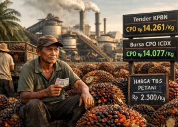 Ilustrasi petani sawit dengan hasil panennya.(Simantab/AI)