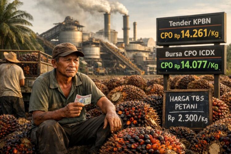 Ilustrasi petani sawit dengan hasil panennya.(Simantab/AI)