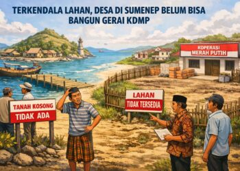 Ilustrasi sulitnya mendapatkan lahan untuk membangun gedung Koperasi Desa/Kelurahan Merah Putih.(Simantab/AI)