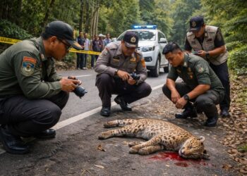 Ilustrasi seekor macan akar tertabrak di Kecamatan Girsang Sipanganbolon Kabupaten Simalungun.(Simantab/AI)