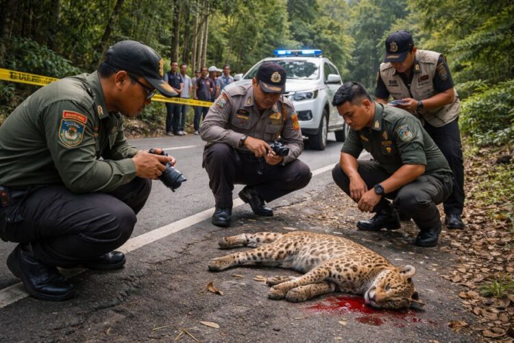 Ilustrasi seekor macan akar tertabrak di Kecamatan Girsang Sipanganbolon Kabupaten Simalungun.(Simantab/AI)