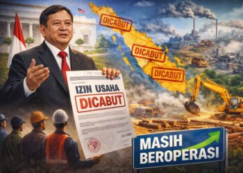 Ilustrasi izin usaha dicabut di Sumatera tapi pekerjaan masih berlangsung.(Simantab/AI)