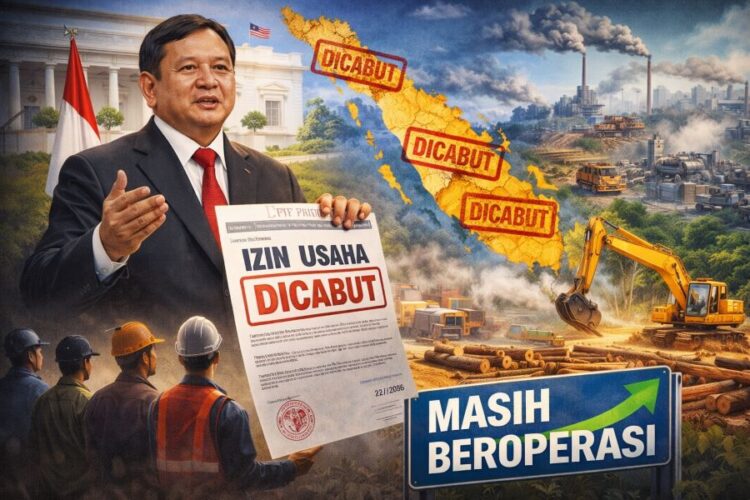 Ilustrasi izin usaha dicabut di Sumatera tapi pekerjaan masih berlangsung.(Simantab/AI)