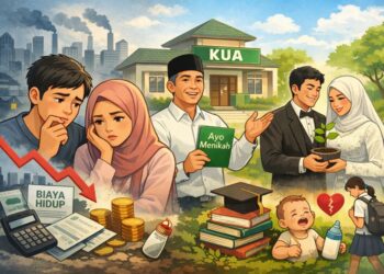 Ilustrasi antara pernikahan dengan pereekonomian yang semakin sulit.(Simantab/AI)