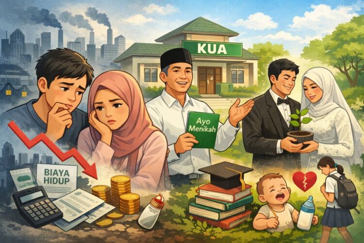 Ilustrasi antara pernikahan dengan pereekonomian yang semakin sulit.(Simantab/AI)