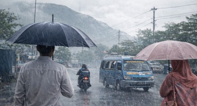Ilustrasi sejumlah orang beraktivitas di bawah guyuran hujan.(Simantab/AI)